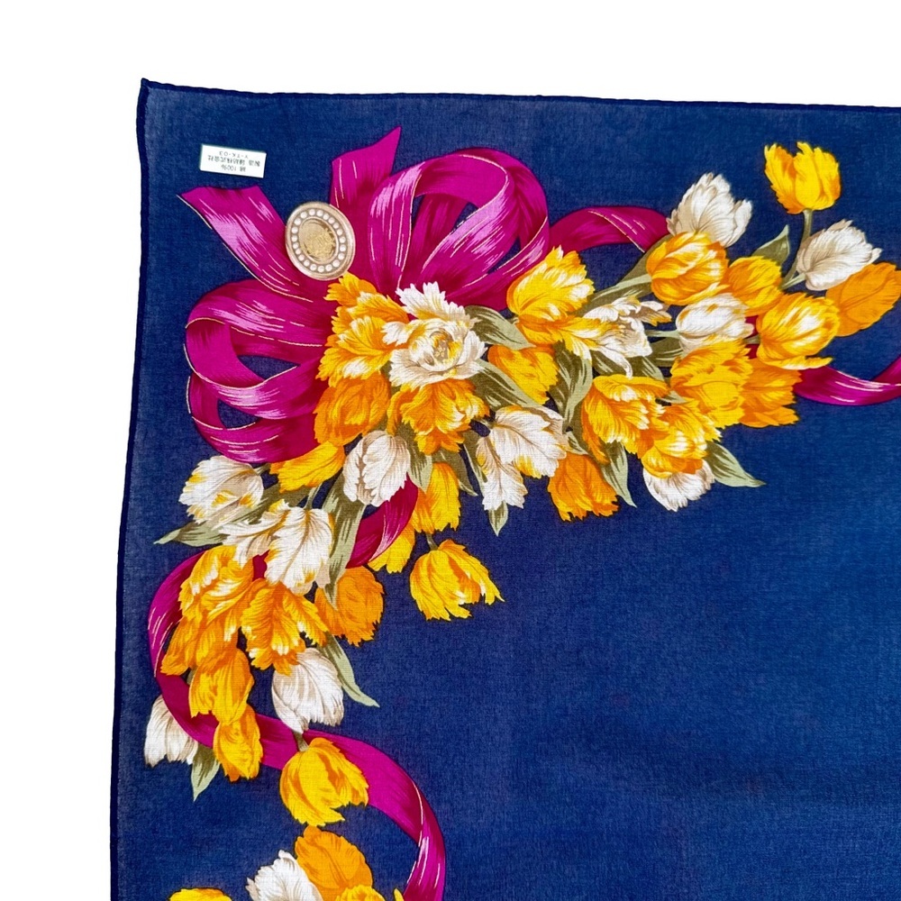 Dior Navy Silk Scarf Yellow Tulip Magenta Ribbon - Picture 5 of 6